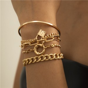 Rhinestone Inlaid U.S. High Fashion Triple Layers Women Alloy Bracelet Set - Golden