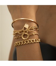 Rhinestone Inlaid U.S. High Fashion Triple Layers Women Alloy Bracelet Set - Golden