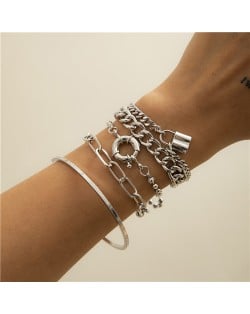 Rhinestone Inlaid U.S. High Fashion Triple Layers Women Alloy Bracelet Set - Silver