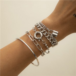 Rhinestone Inlaid U.S. High Fashion Triple Layers Women Alloy Bracelet Set - Silver