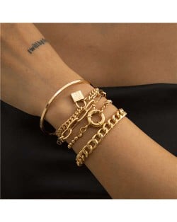 Ring and Lock Pendants Hip-hop Style Western Fashion Alloy Women Bracelet Set - Golden