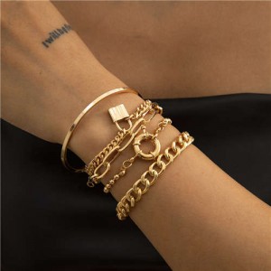 Ring and Lock Pendants Hip-hop Style Western Fashion Alloy Women Bracelet Set - Golden