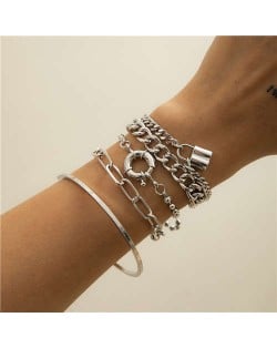 Ring and Lock Pendants Hip-hop Style Western Fashion Alloy Women Bracelet Set - Silver