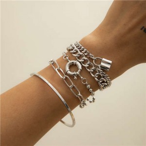 Ring and Lock Pendants Hip-hop Style Western Fashion Alloy Women Bracelet Set - Silver
