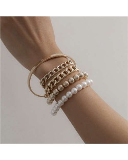 Pearl and Alloy Chain Combo Fashion Multi-layer Women Costume Bracelet Set - Golden