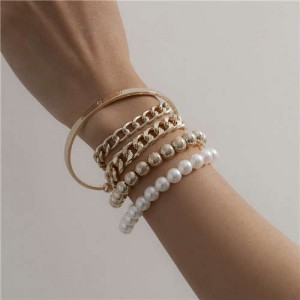 Pearl and Alloy Chain Combo Fashion Multi-layer Women Costume Bracelet Set - Golden