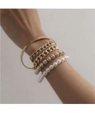 Pearl and Alloy Chain Combo Fashion Multi-layer Women Costume Bracelet Set - Golden