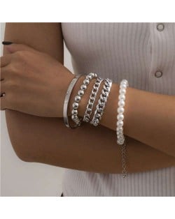 Pearl and Alloy Chain Combo Fashion Multi-layer Women Costume Bracelet Set - Silver