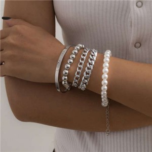 Pearl and Alloy Chain Combo Fashion Multi-layer Women Costume Bracelet Set - Silver