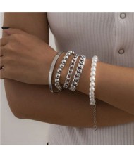 Pearl and Alloy Chain Combo Fashion Multi-layer Women Costume Bracelet Set - Silver