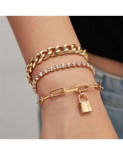 Rhinestone Embellished Triple Layers with Lock Pendant Hip-hop Fashion Alloy Bracelet Set - Golden