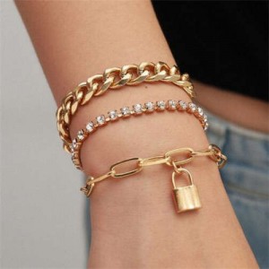 Rhinestone Embellished Triple Layers with Lock Pendant Hip-hop Fashion Alloy Bracelet Set - Golden