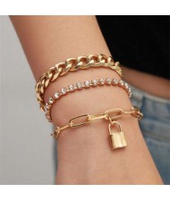 Rhinestone Embellished Triple Layers with Lock Pendant Hip-hop Fashion Alloy Bracelet Set - Golden