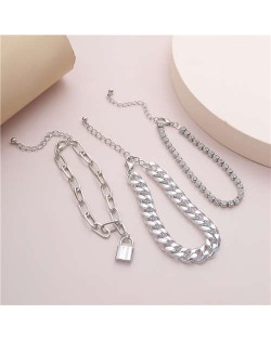 Rhinestone Embellished Triple Layers with Lock Pendant Hip-hop Fashion Alloy Bracelet Set - Silver