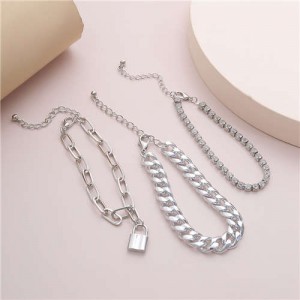 Rhinestone Embellished Triple Layers with Lock Pendant Hip-hop Fashion Alloy Bracelet Set - Silver