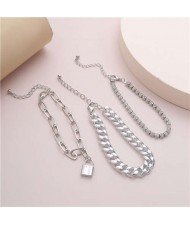 Rhinestone Embellished Triple Layers with Lock Pendant Hip-hop Fashion Alloy Bracelet Set - Silver