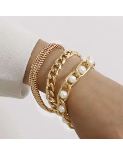 Pearl Embellished Triple Layers Alloy Chain Summer Fashion Bracelet Set