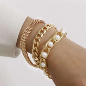 Pearl Embellished Triple Layers Alloy Chain Summer Fashion Bracelet Set