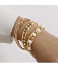 Pearl Embellished Triple Layers Alloy Chain Summer Fashion Bracelet Set