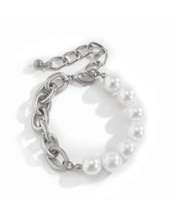 Artificial Pearl and Alloy Chain Mix Design Western High Fashion Women Bracelet - Silver