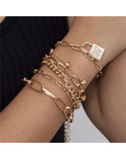 Rhinestone Butterfly Engraving Lock and Heart Pendant Multi-layer Women Golden Bracelet Set