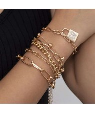 Rhinestone Butterfly Engraving Lock and Heart Pendant Multi-layer Women Golden Bracelet Set