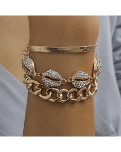 Rhinestone Embellished Seashells Triple Layers High Fashion Women Bracelet Set - White