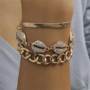 Rhinestone Embellished Seashells Triple Layers High Fashion Women Bracelet Set - White