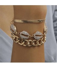 Rhinestone Embellished Seashells Triple Layers High Fashion Women Bracelet Set - White