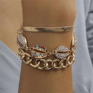 Rhinestone Embellished Seashells Triple Layers High Fashion Women Bracelet Set - Multicolor