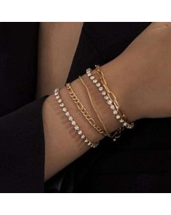 Shining Rhinestone Inlaid Five Layers Women Alloy Fashion Bracelet Set - Golden