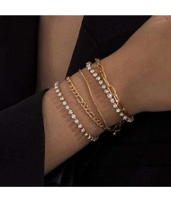 Shining Rhinestone Inlaid Five Layers Women Alloy Fashion Bracelet Set - Golden