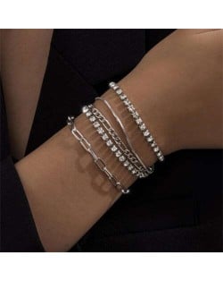 Shining Rhinestone Inlaid Five Layers Women Alloy Fashion Bracelet Set - Silver