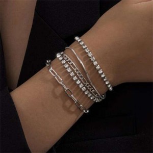 Shining Rhinestone Inlaid Five Layers Women Alloy Fashion Bracelet Set - Silver