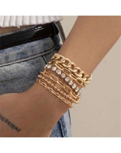 Rhinestone Embellished Multi-layer Vintage Fashion Women Alloy Bracelet Set - Golden