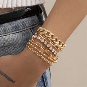 Rhinestone Embellished Multi-layer Vintage Fashion Women Alloy Bracelet Set - Golden