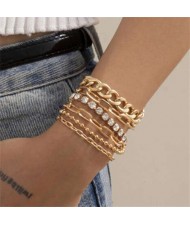 Rhinestone Embellished Multi-layer Vintage Fashion Women Alloy Bracelet Set - Golden