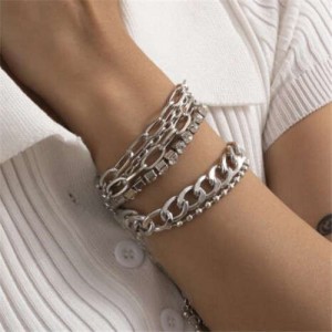 Rhinestone Embellished Multi-layer Vintage Fashion Women Alloy Bracelet Set - Silver