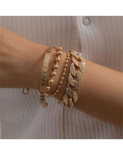 Rhinestone Inlaid Cuban Chain Four Layers High Fashion Wholesale Bracelet Set - Golden