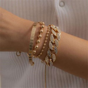 Rhinestone Inlaid Cuban Chain Four Layers High Fashion Wholesale Bracelet Set - Golden