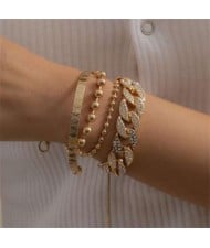 Rhinestone Inlaid Cuban Chain Four Layers High Fashion Wholesale Bracelet Set - Golden