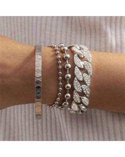 Rhinestone Inlaid Cuban Chain Four Layers High Fashion Wholesale Bracelet Set - Silver