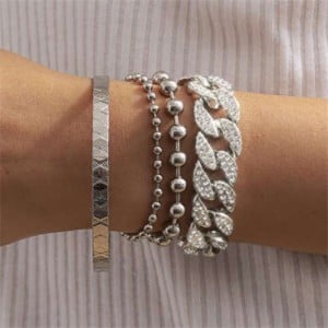 Rhinestone Inlaid Cuban Chain Four Layers High Fashion Wholesale Bracelet Set - Silver