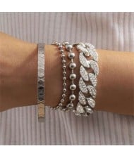 Rhinestone Inlaid Cuban Chain Four Layers High Fashion Wholesale Bracelet Set - Silver