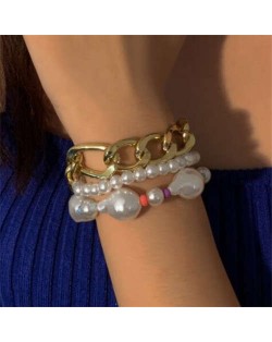 Colorful Beads Decorated Artificial Pearl and Golden Alloy Chain Combo Wholesale Baroque Women Bracelet Set