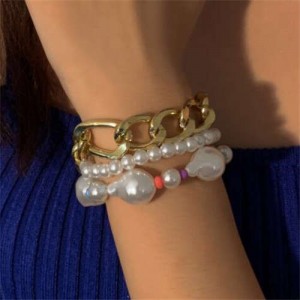 Colorful Beads Decorated Artificial Pearl and Golden Alloy Chain Combo Wholesale Baroque Women Bracelet Set
