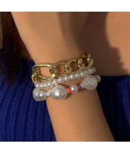 Colorful Beads Decorated Artificial Pearl and Golden Alloy Chain Combo Wholesale Baroque Women Bracelet Set