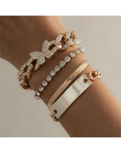 Rhinestone Inlaid Butterfly Pendant Cuban Chain Multi-layer Women Wholesale Bracelet Set - Golden