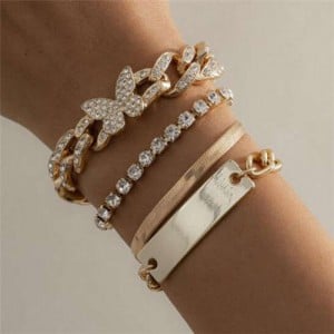 Rhinestone Inlaid Butterfly Pendant Cuban Chain Multi-layer Women Wholesale Bracelet Set - Golden