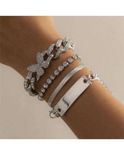Rhinestone Inlaid Butterfly Pendant Cuban Chain Multi-layer Women Wholesale Bracelet Set - Silver